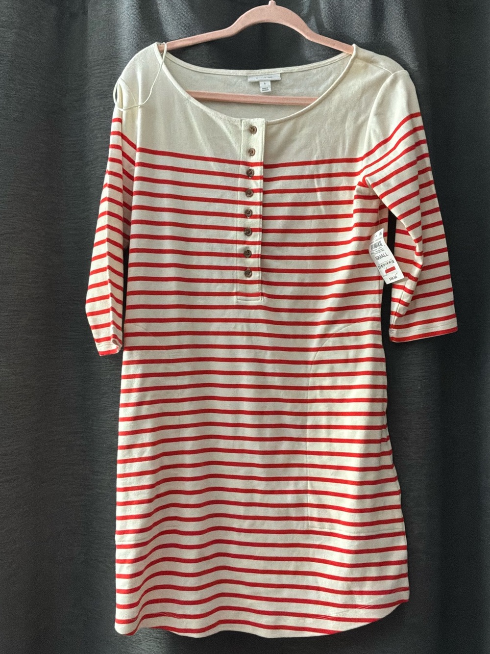 Button-Front Cream and Red Striped Midi Dress